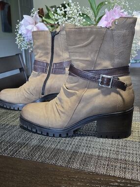 Miz Mooz Taupe and Dark Brown Buckle Ankle Boots